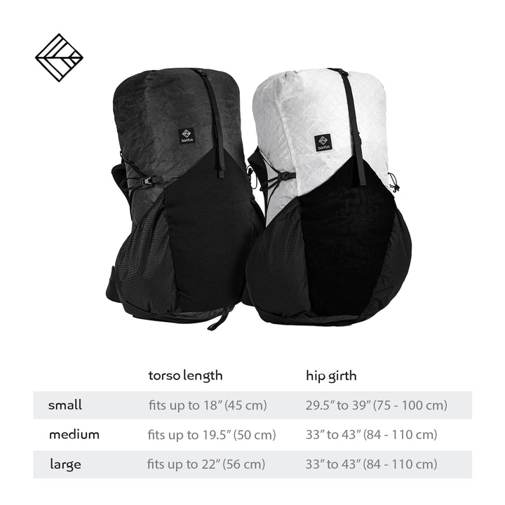 Bonfus Aerus 55L torso sizing specifications - Small Medium Large for custom fit ultralight backpack