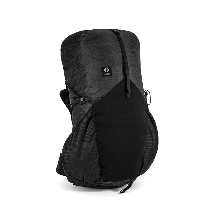 Bonfus Aerus 55L ultralight backpack in white - DCF Ultra 200X thru-hiking pack front view on black background