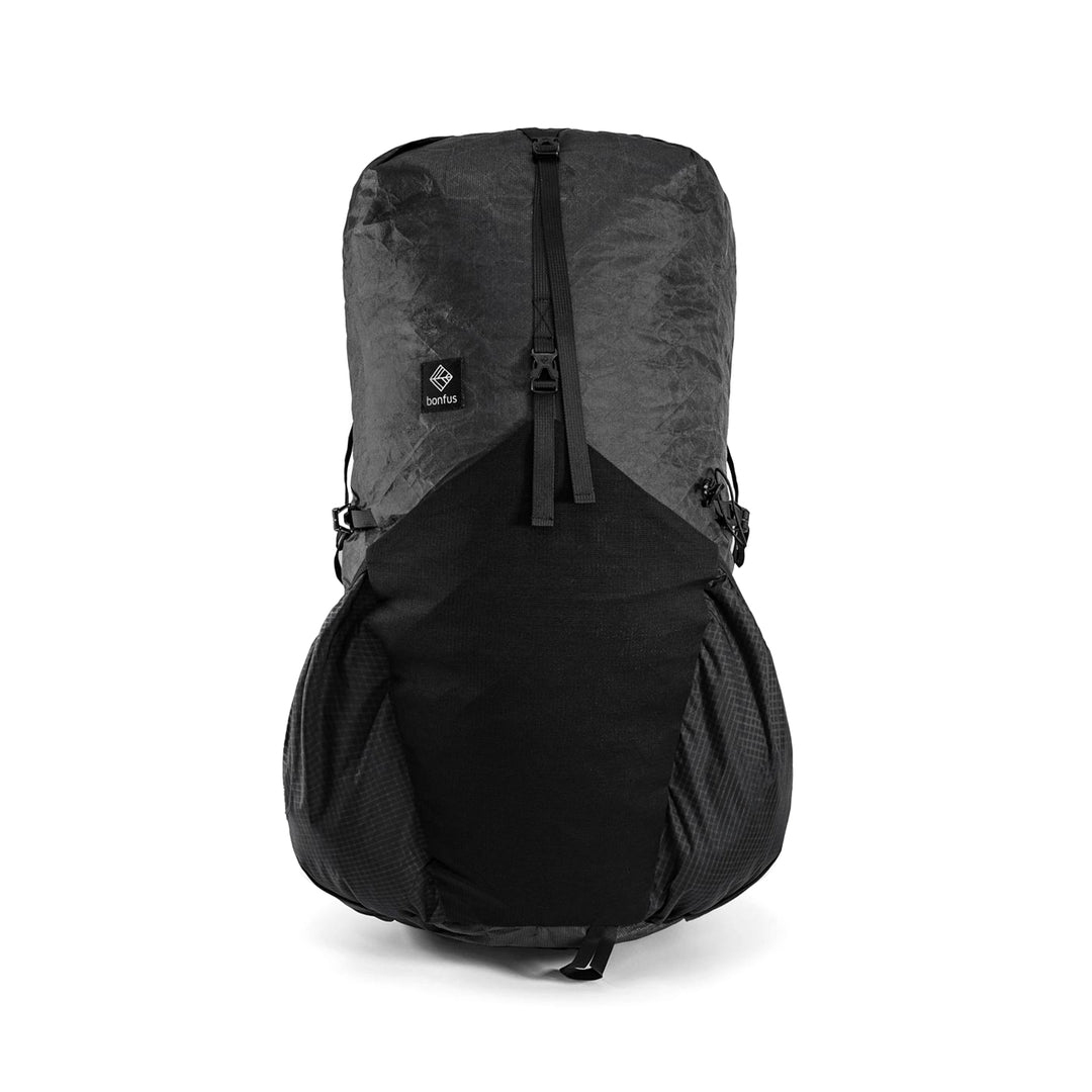 Bonfus Aerus 55L ultralight pack in black - DCF Ultra 200X fabric front angle on black background