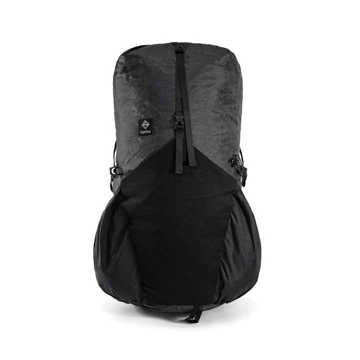 Bonfus Aerus 55L ultralight pack in black - DCF Ultra 200X fabric front angle on black background