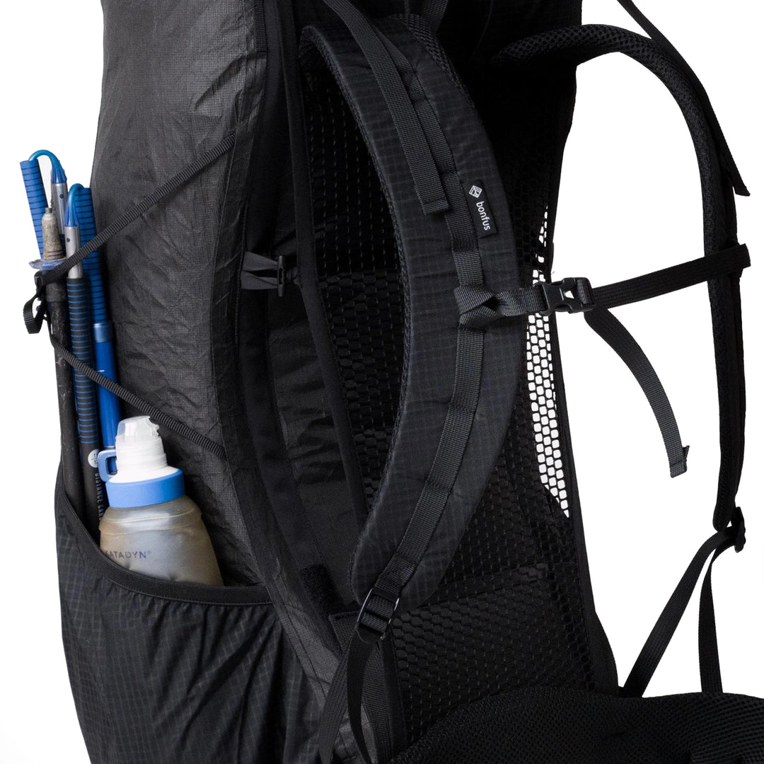 Bonfus Aerus 55L ultralight backpack black rear view - back panel shoulder straps and hip belt system
