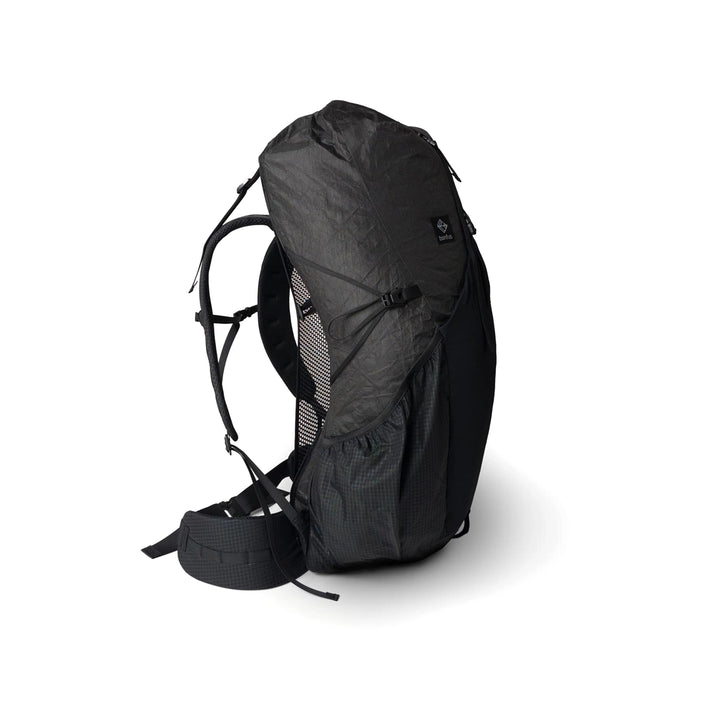 Bonfus Aerus 55L ultralight backpack black detail view - DCF fabric texture and strap construction