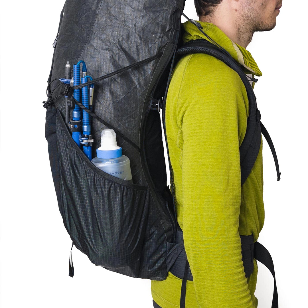 Bonfus Aerus 55L ultralight pack profile view - slim silhouette of DCF Dyneema hiking backpack