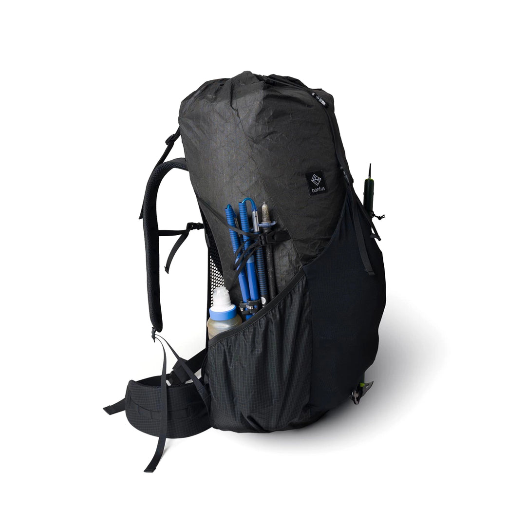 Bonfus Aerus 55L ultralight pack black side view - compression cords and side pockets on DCF backpack