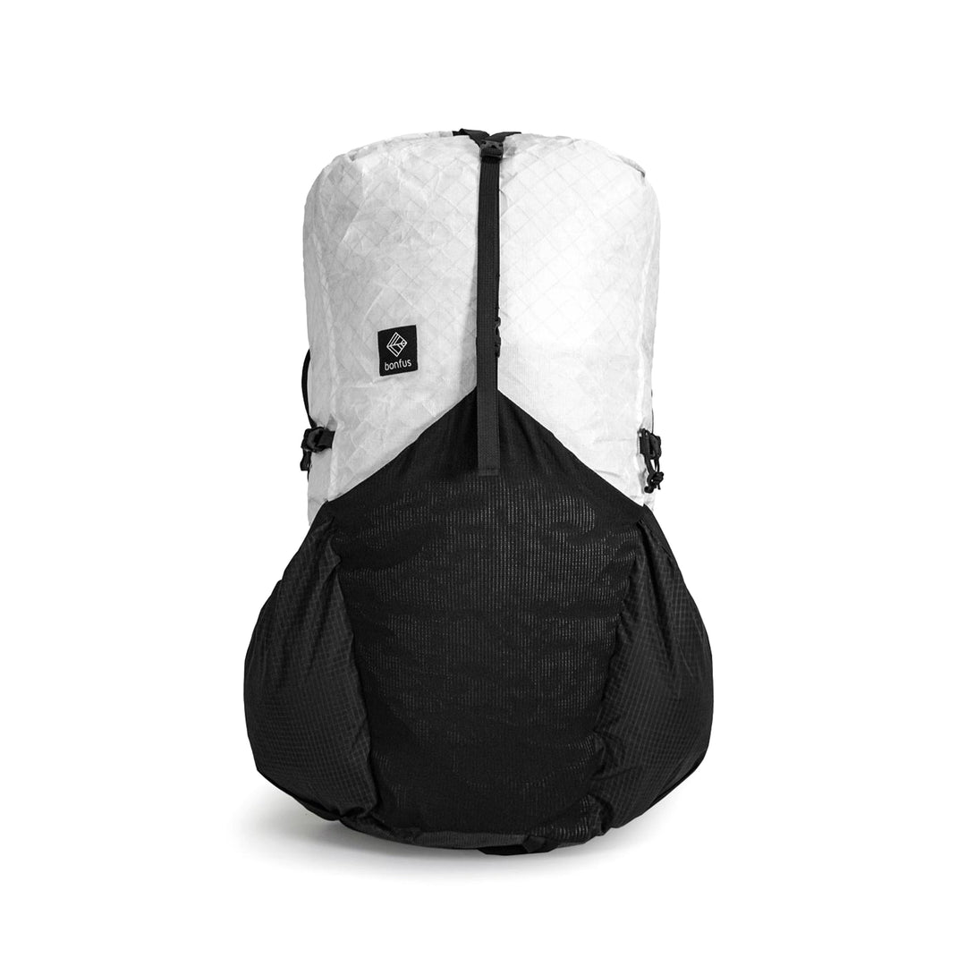 Bonfus Aerus 55L ultralight backpack white side angle - 55 liter DCF thru-hiking pack profile