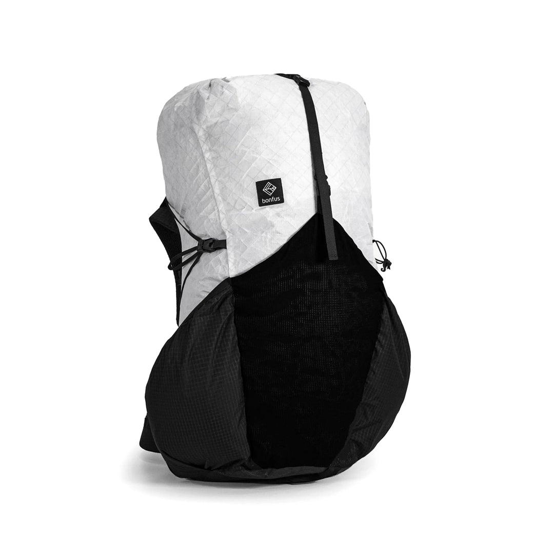 Bonfus Aerus 55L ultralight pack in white front view - clean DCF Ultra 200X fabric on black background