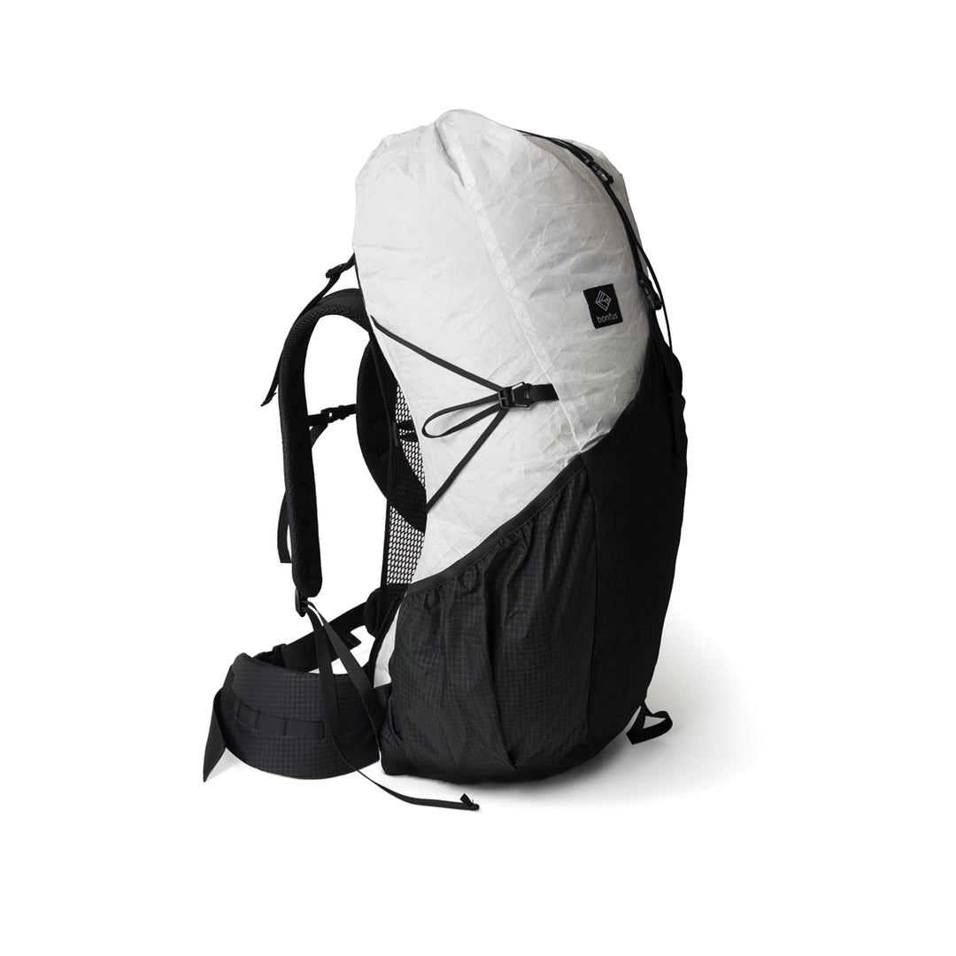 Bonfus Aerus 55L ultralight backpack product shot - DCF pack with full feature set visible