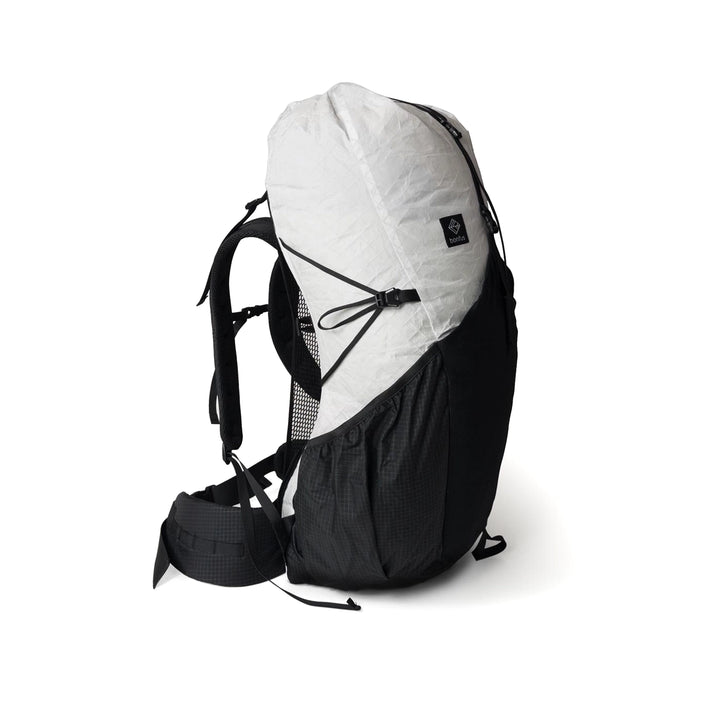 Bonfus Aerus 55L ultralight backpack product shot - DCF pack with full feature set visible