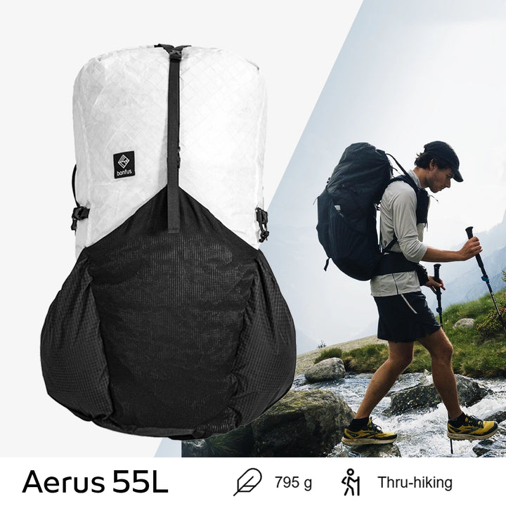 Bonfus Aerus 55L ultralight pack weight callout - featherlight DCF Dyneema composite backpack specifications