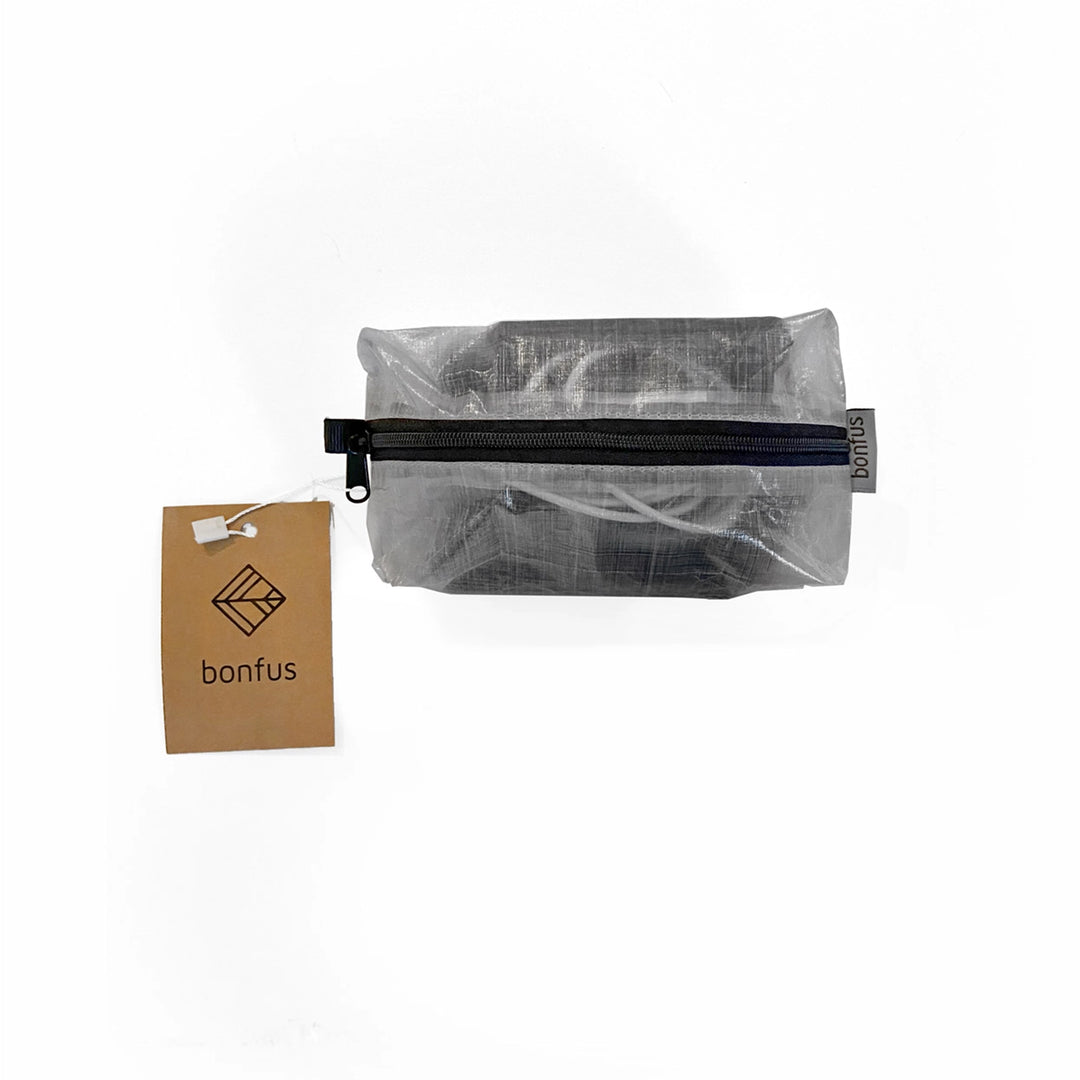 Bonfus Ditty Bag DCF ultralight open view - zippered Dyneema pouch showing interior storage for backpacking toiletries