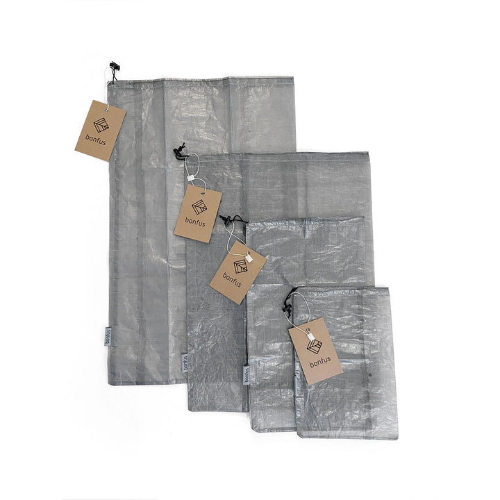 Bonfus Stuff Sacks DCF ultralight size comparison - multiple sizes of Dyneema composite fabric stuff sacks for backpacking