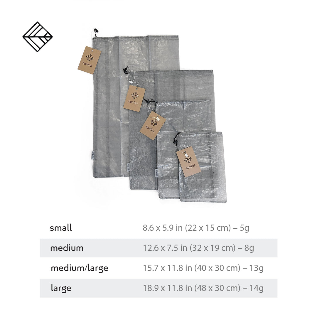 Bonfus Stuff Sacks DCF ultralight specifications - size dimensions and weight for each ultralight stuff sack option
