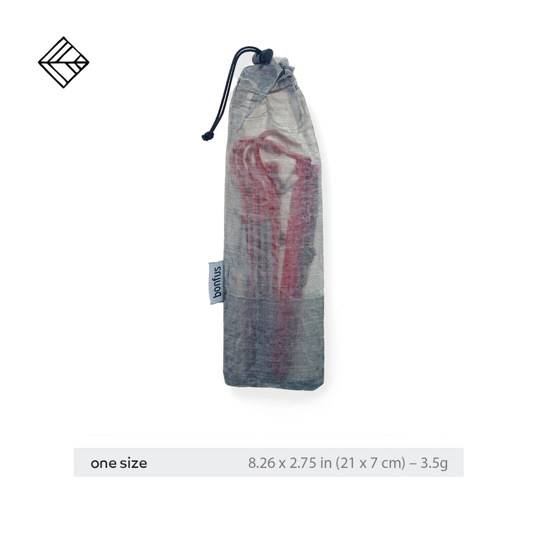 Bonfus Tent Stakes Sack DCF ultralight specifications - dimensions and weight for Dyneema tent peg storage sack