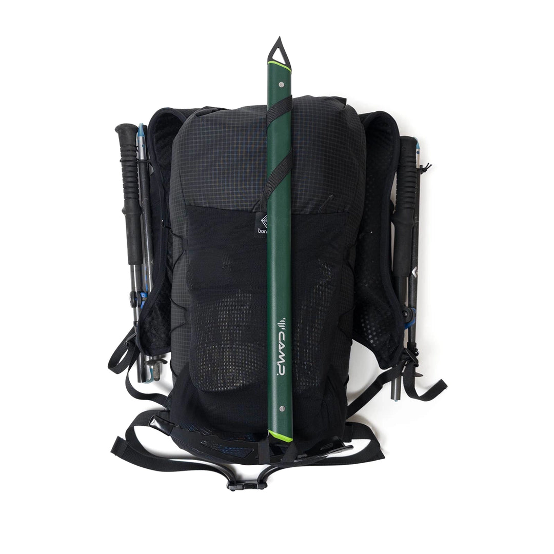 Bonfus Fastus 23L black front view with gear - loaded ultralight DCF fastpacker showing external storage