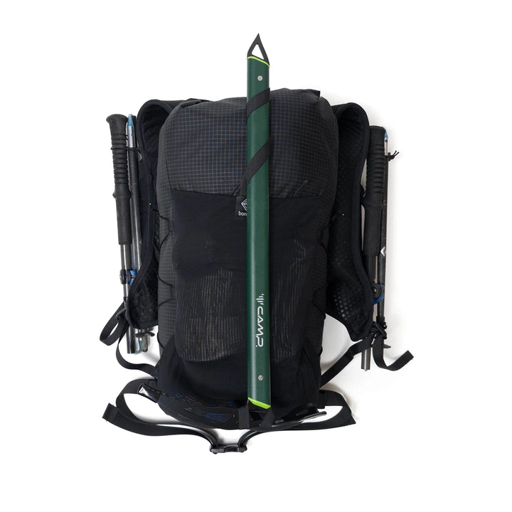 Bonfus Fastus 23L black front view with gear - loaded ultralight DCF fastpacker showing external storage