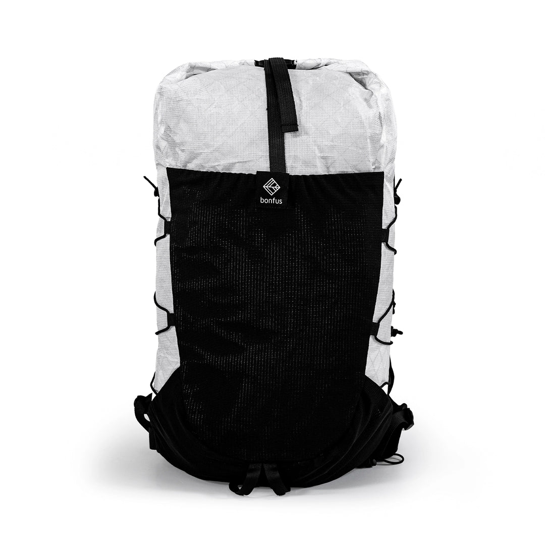 Bonfus Fastus 23L ultralight fastpacker white rear view - minimalist DCF day pack with shoulder straps