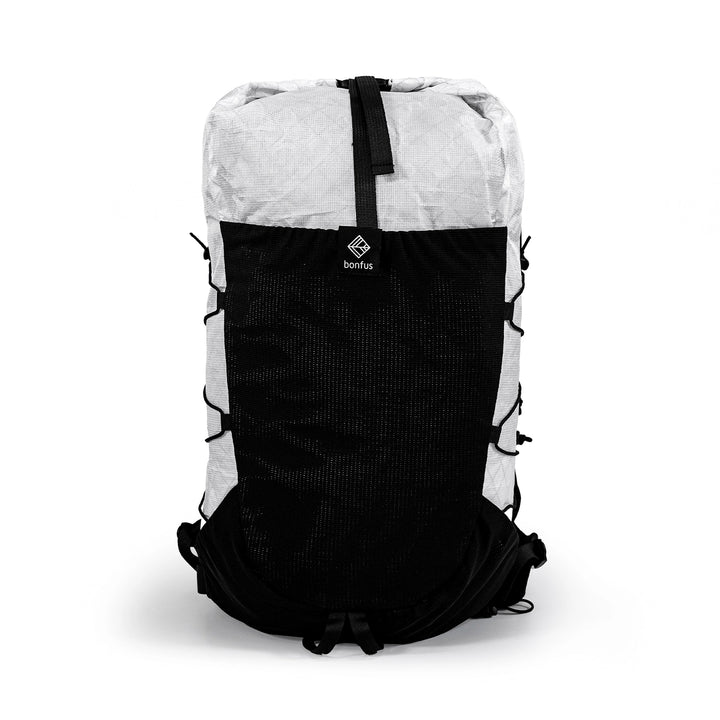Bonfus Fastus 23L ultralight fastpacker white rear view - minimalist DCF day pack with shoulder straps