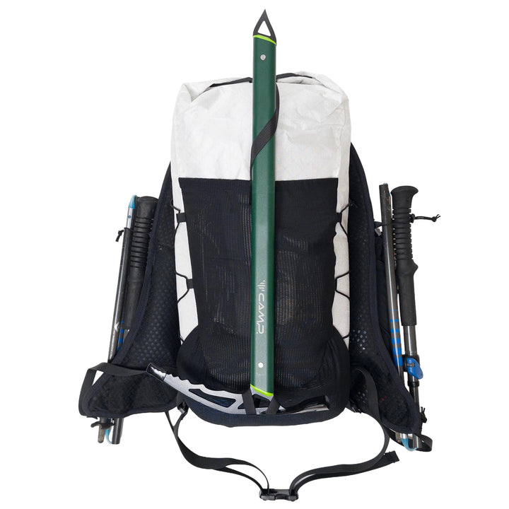 Bonfus Fastus 23L white front view with gear attached - versatile DCF fastpacker with external storage