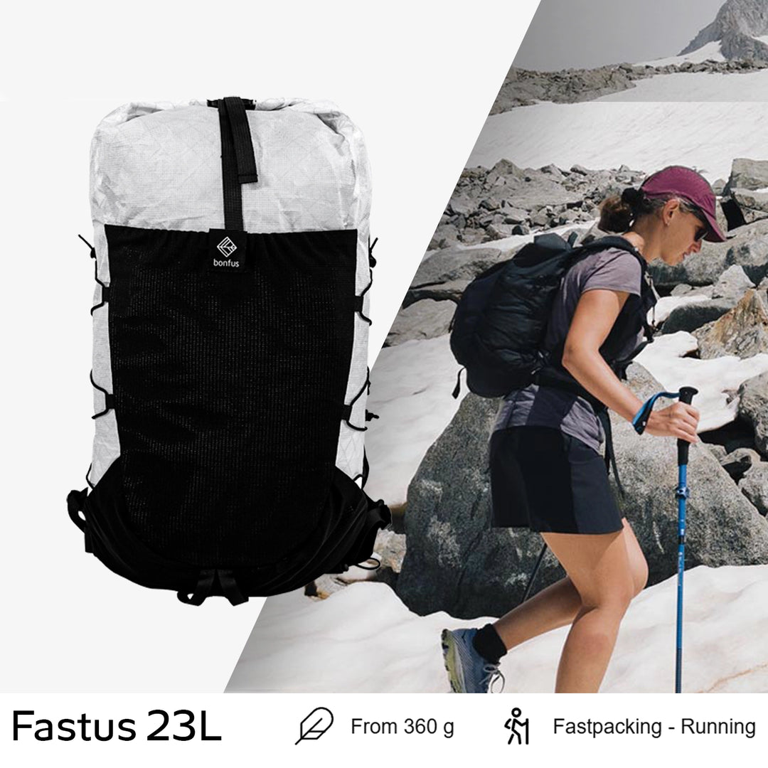 Bonfus Fastus 23L ultralight fastpacker weight callout - featherlight DCF Dyneema composite daypack specs