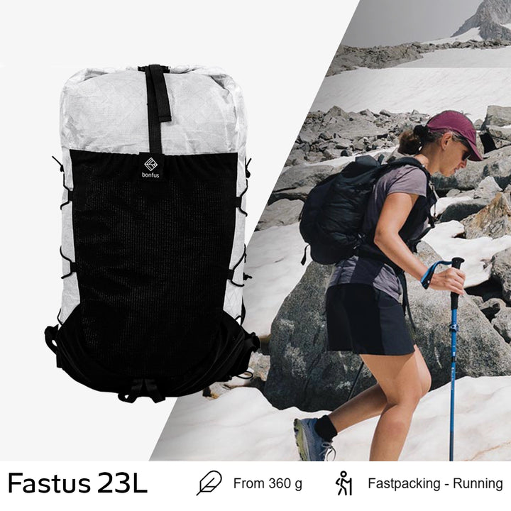 Bonfus Fastus 23L ultralight fastpacker weight callout - featherlight DCF Dyneema composite daypack specs