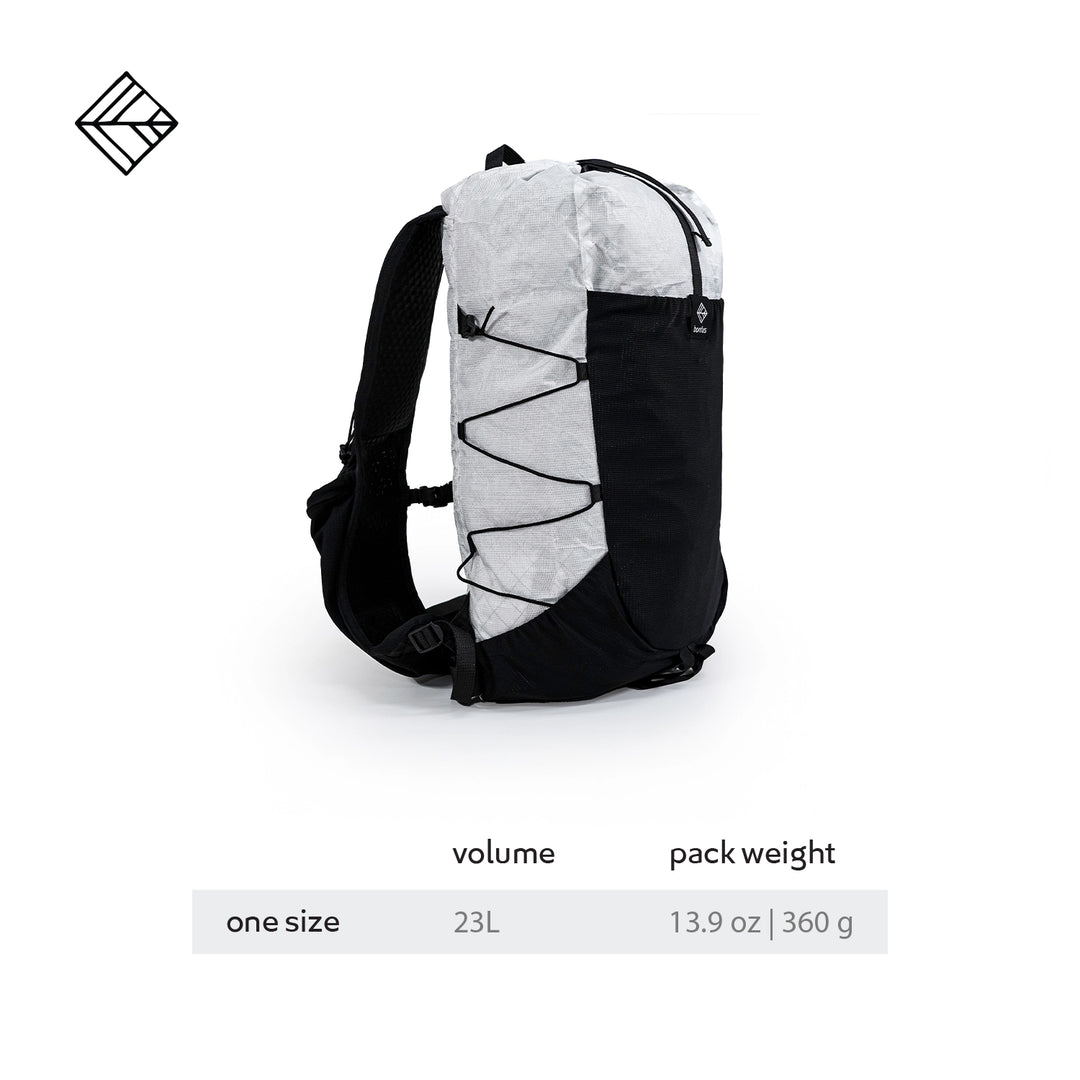 Bonfus Fastus 23L ultralight fastpacker specifications table - dimensions weight and features