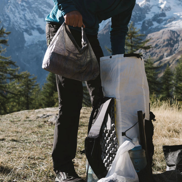 Bonfus Food Bag DCF ultralight in use outdoors - Dyneema food storage hanging from tree for backcountry camping