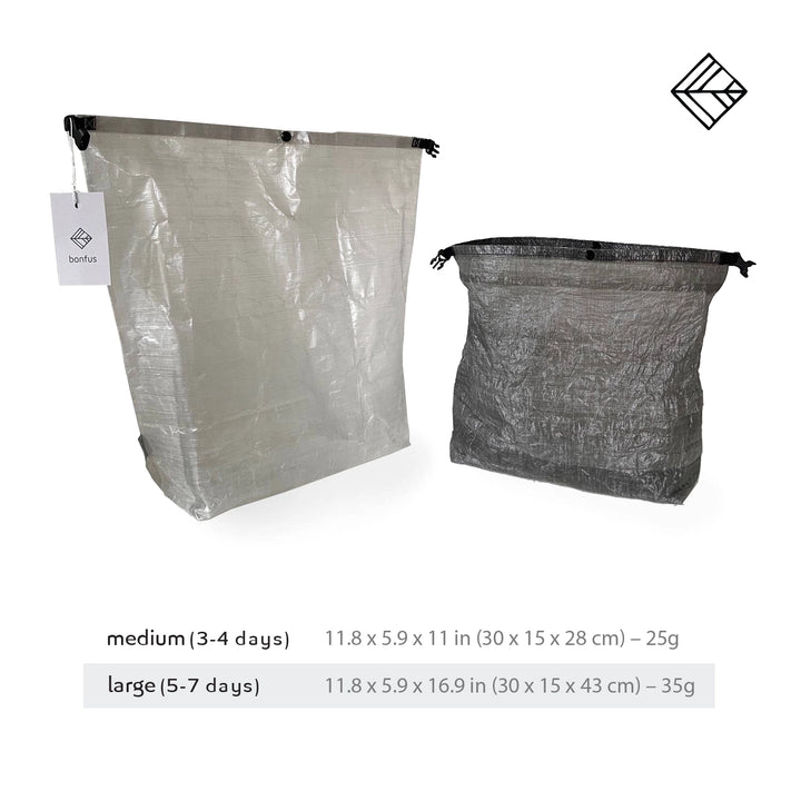 Bonfus Food Bag DCF ultralight with logo - branded Dyneema composite food bag for ultralight hiking and camping