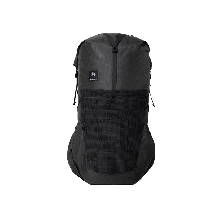 Bonfus Framus 48L ultralight backpack black front view - mesh front pocket and roll top on DCF pack