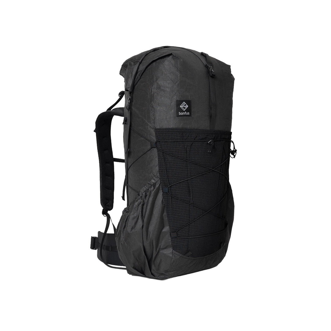 Bonfus Framus 48L ultralight backpack in black - front side view DCF Ultra 200X thru-hiking pack