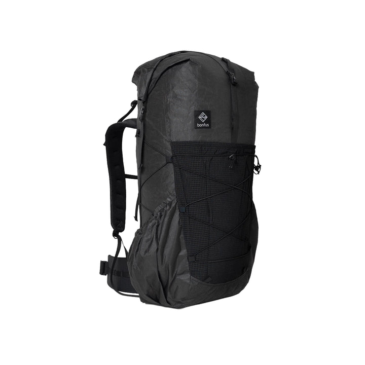 Bonfus Framus 48L ultralight backpack in black - front side view DCF Ultra 200X thru-hiking pack