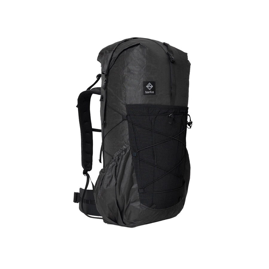Bonfus Framus 48L ultralight backpack in black - front side view DCF Ultra 200X thru-hiking pack