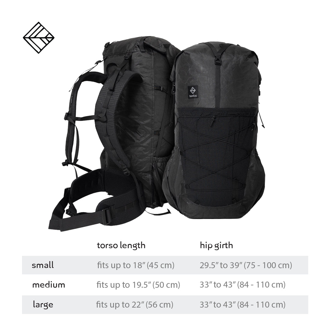Bonfus Framus 48L torso sizing guide - Small Medium Large sizes for custom fit ultralight backpack