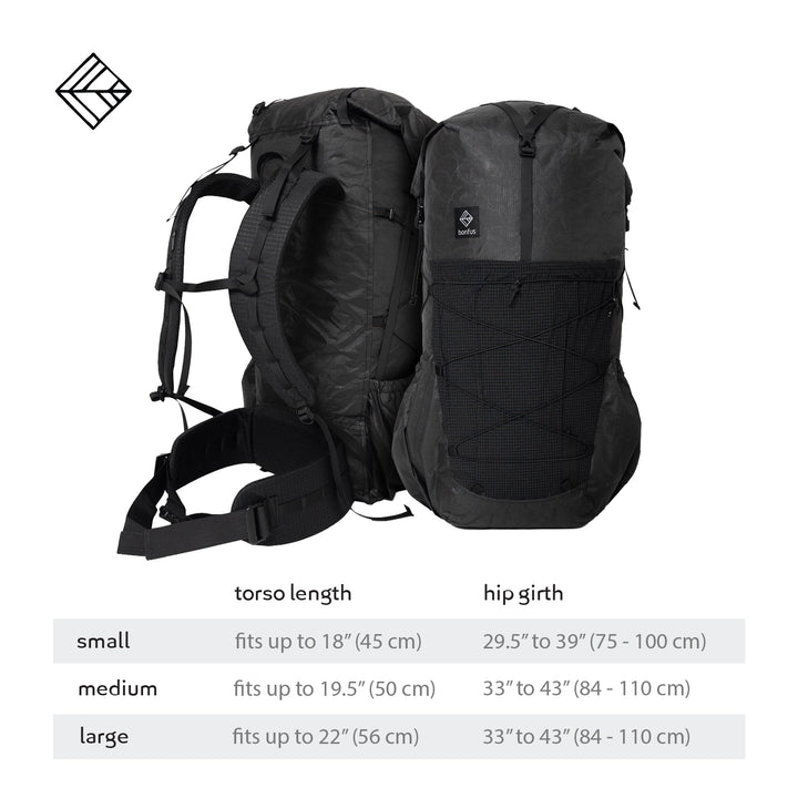 Bonfus Framus 48L torso sizing guide - Small Medium Large sizes for custom fit ultralight backpack