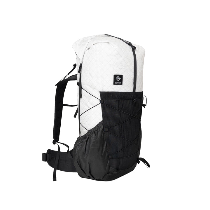Bonfus Framus 48L ultralight pack top view - roll top closure with webbing straps on DCF hiking backpack