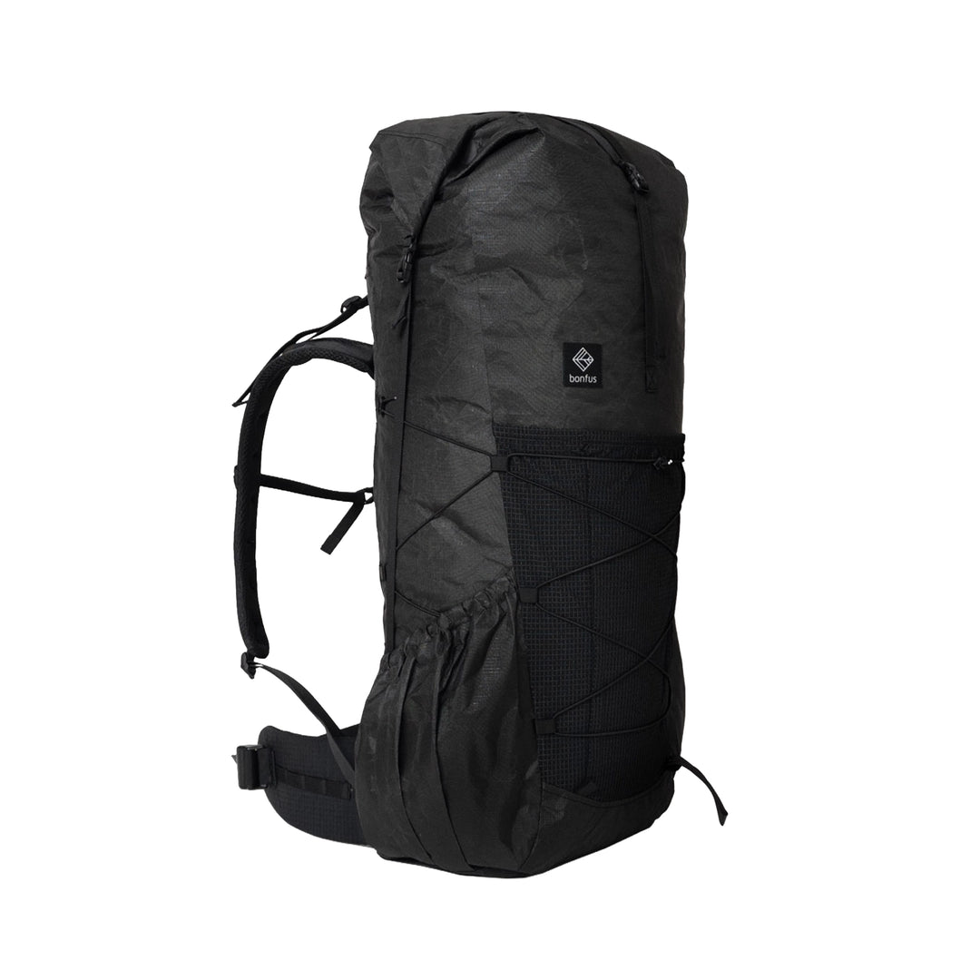Bonfus Framus 58L ultralight backpack in black - front side view of DCF Ultra 200X thru-hiking pack