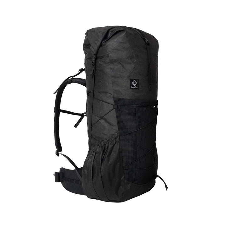 Bonfus Framus 58L ultralight backpack in black - front side view of DCF Ultra 200X thru-hiking pack