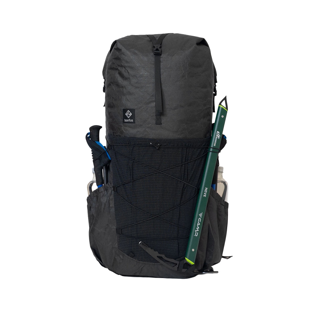 Bonfus Framus 58L ultralight backpack in black front view - DCF Ultra 200X fabric with mesh front pocket