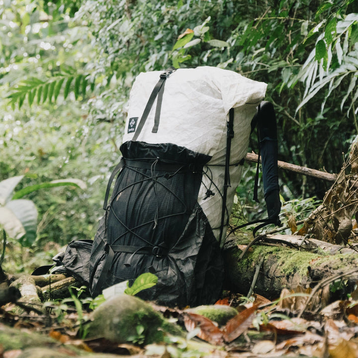 Bonfus Framus 58L ultralight pack in action - hiker on trail in Ecuador with DCF Dyneema backpack