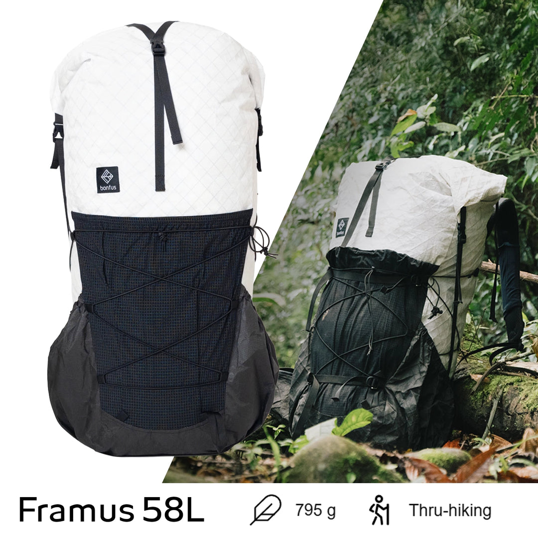 Bonfus Framus 58L ultralight pack quick specs - weight capacity and dimensions for DCF thru-hiking backpack