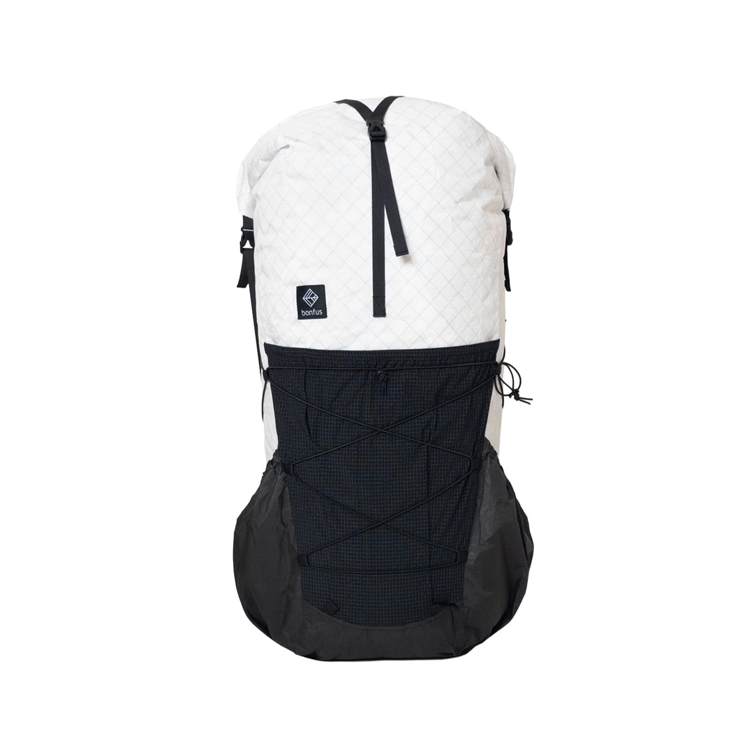 Bonfus Framus 58L ultralight backpack in white - front view of white Ultra 200X DCF thru-hiking pack
