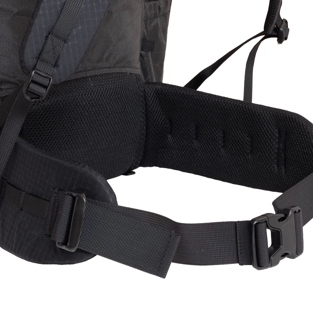 Bonfus Framus 58L hip belt detail - padded removable hip belt with gear attachment loops on ultralight pack