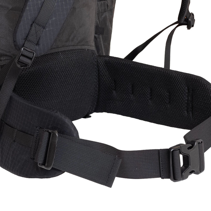 Bonfus Framus 58L hip belt detail - padded removable hip belt with gear attachment loops on ultralight pack