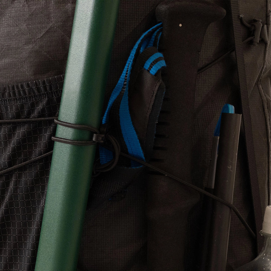 Bonfus Framus 58L ice axe attachment detail - secure loop for mountaineering gear on DCF ultralight backpack