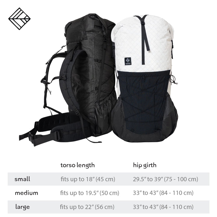 Bonfus Framus 58L torso sizing guide - available in Small Medium Large for custom fit ultralight backpack
