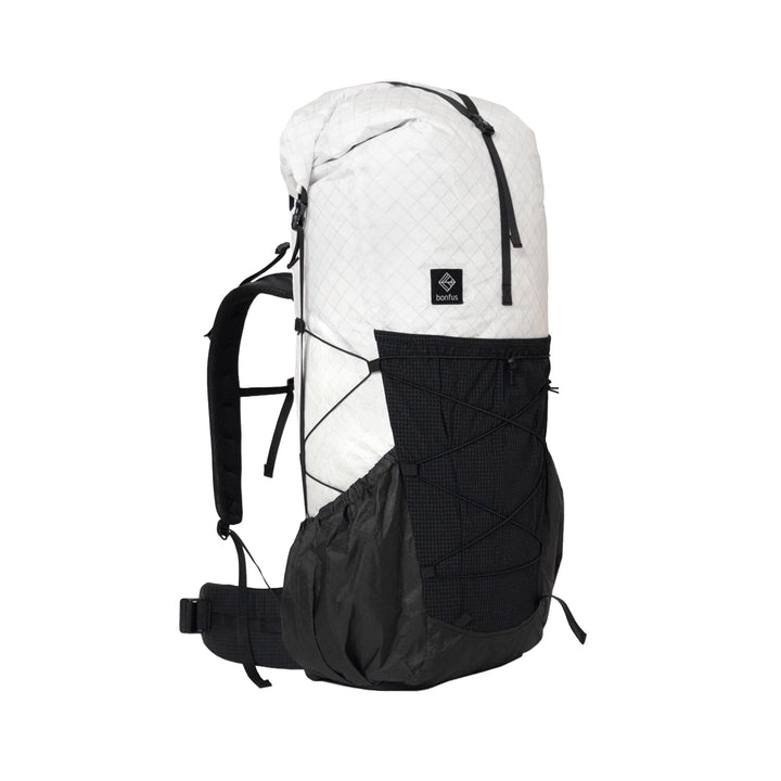 Bonfus Framus 58L ultralight backpack in white front side angle - white Ultra 200X DCF fabric hiking pack