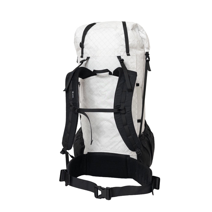 Bonfus Framus 58L ultralight pack white back view - padded shoulder straps and hip belt on DCF backpack