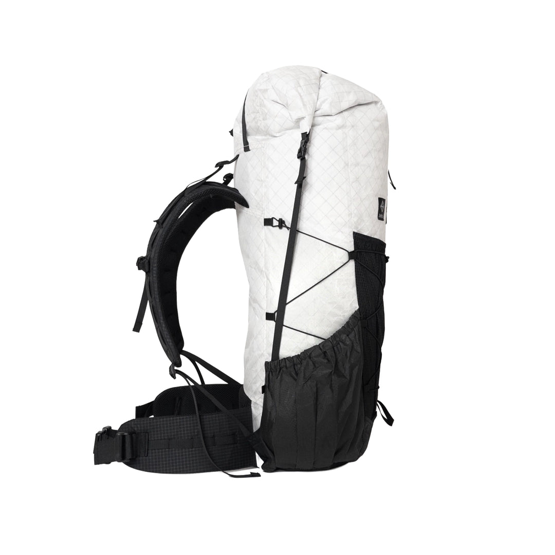 Bonfus Framus 58L ultralight pack white side view - side pockets and gatekeeper pocket on DCF backpack