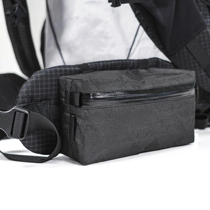 Bonfus Hip Belt Pocket side angle - compact DCF fabric pocket attaches to Bonfus backpack hip belts