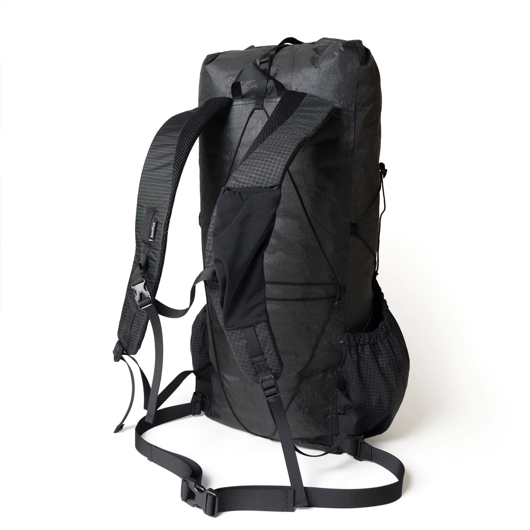 Bonfus Iterus 38L ultralight backpack on trail - DCF Dyneema composite fabric hiking pack lifestyle photo