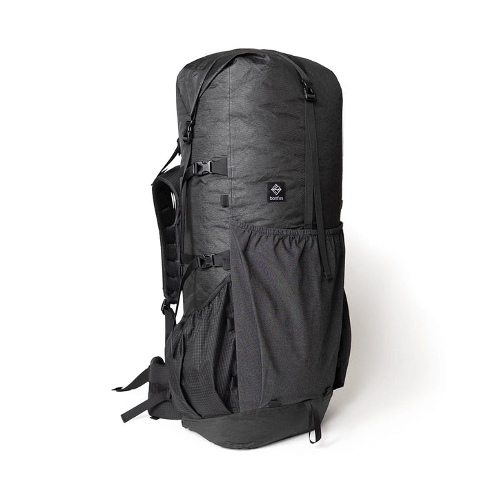 Bonfus Maxus 80L ultralight backpack side view - DCF Ultra 200X fabric large volume thru-hiking pack